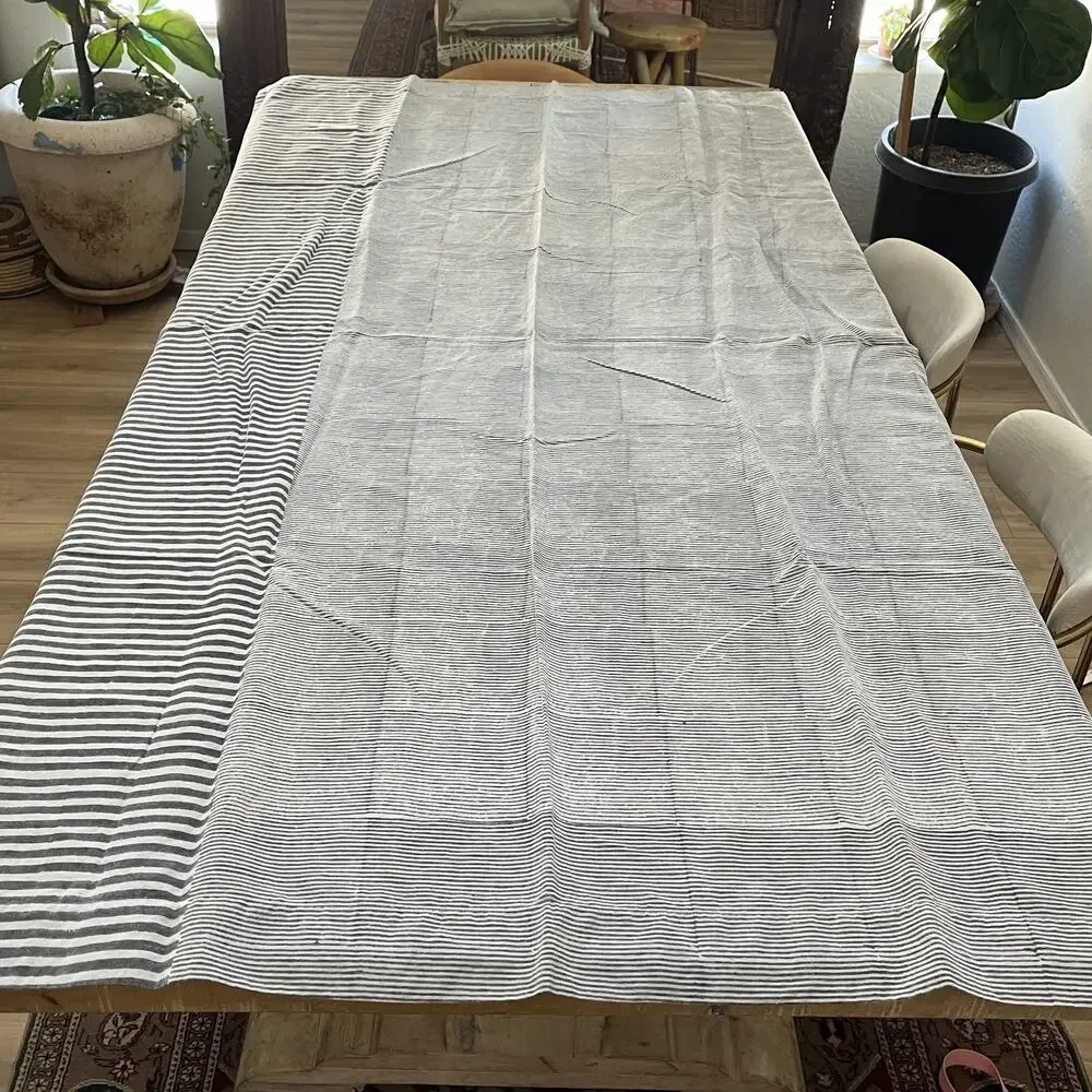 4 CB2 Block Printed Stripe Panel Gray Linen Blend Curtains 48